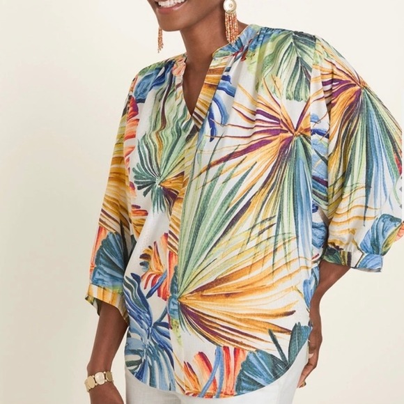 Chico's Tropical Leaf Blouse Size Large Multicolor Dolman Sleeve Resortwear Boho - Picture 1 of 13